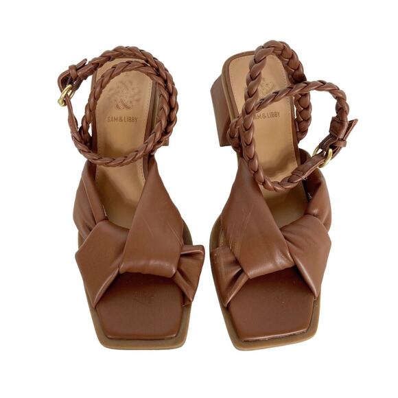 Sam & Libby Square Toe Heels Sandals Camel Brown Faux Leather‎ Braided Womens 9 - Picture 6 of 12